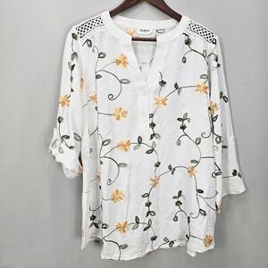 NWT Kindred Blouse Top 1X White Embroidered Floral Roll‎ Tab Sleeve Cottagecore